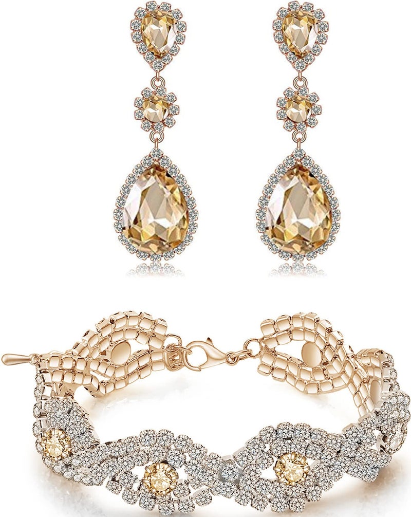 Paxuan Bridal Wedding Jewelry Set - Crystal Rhinestone Earrings & Bracelets (Champagne - Set) - Image 1